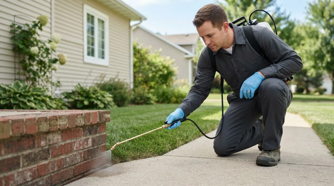 Pest control technician treating a home near Ladonia, TX