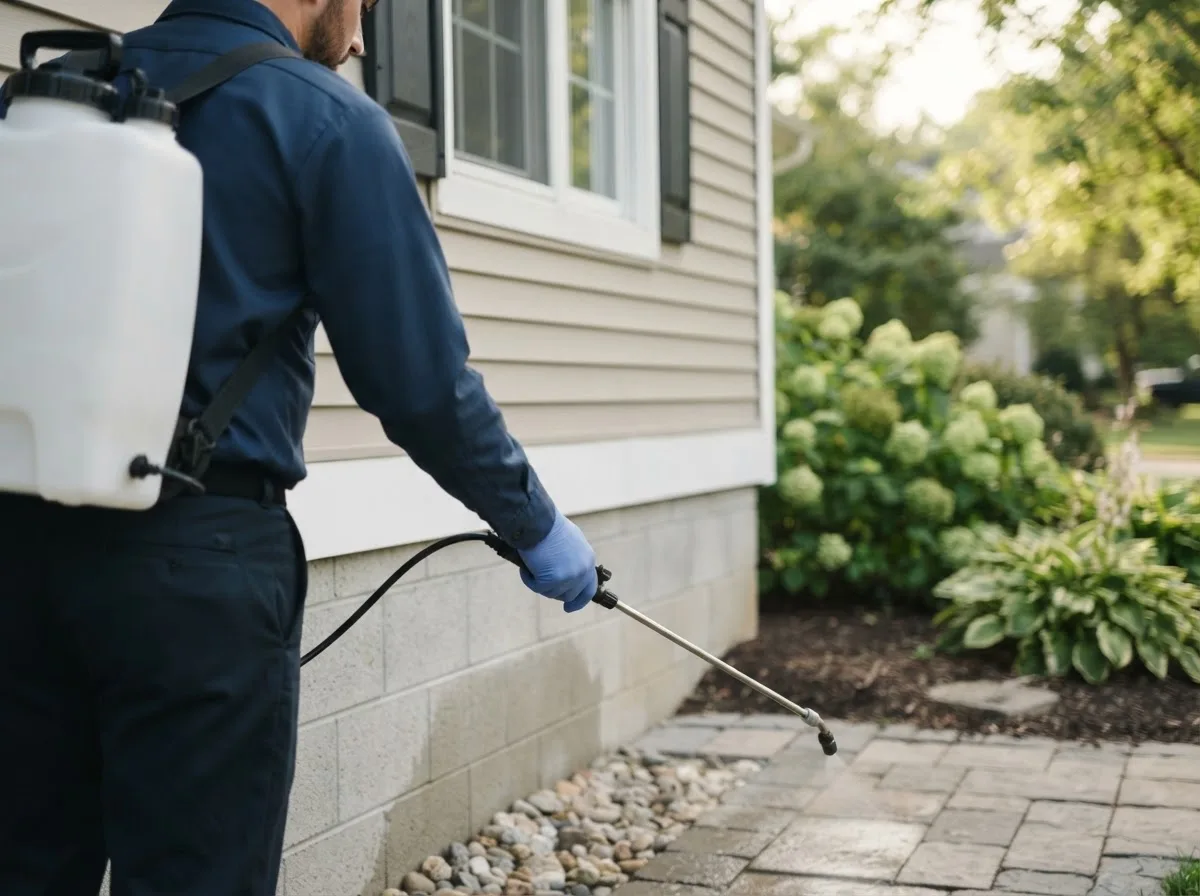 Pest control technician inspecting a home in Ladonia, TX